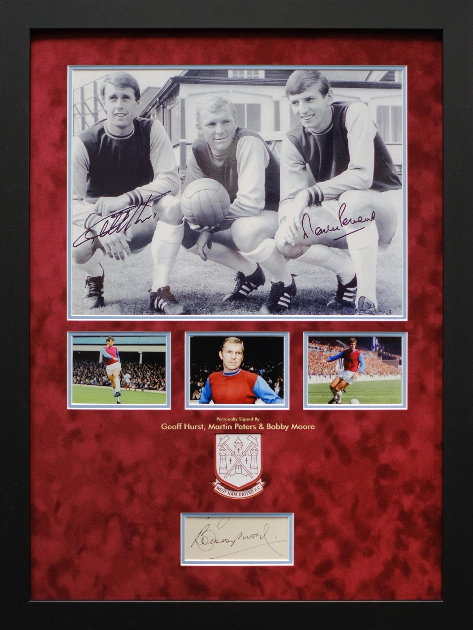 Bobby Moore, Martin Peters and Geoff Hurst Signed West Ham Photo and Autograph Display - Memorabilia Framers Shop